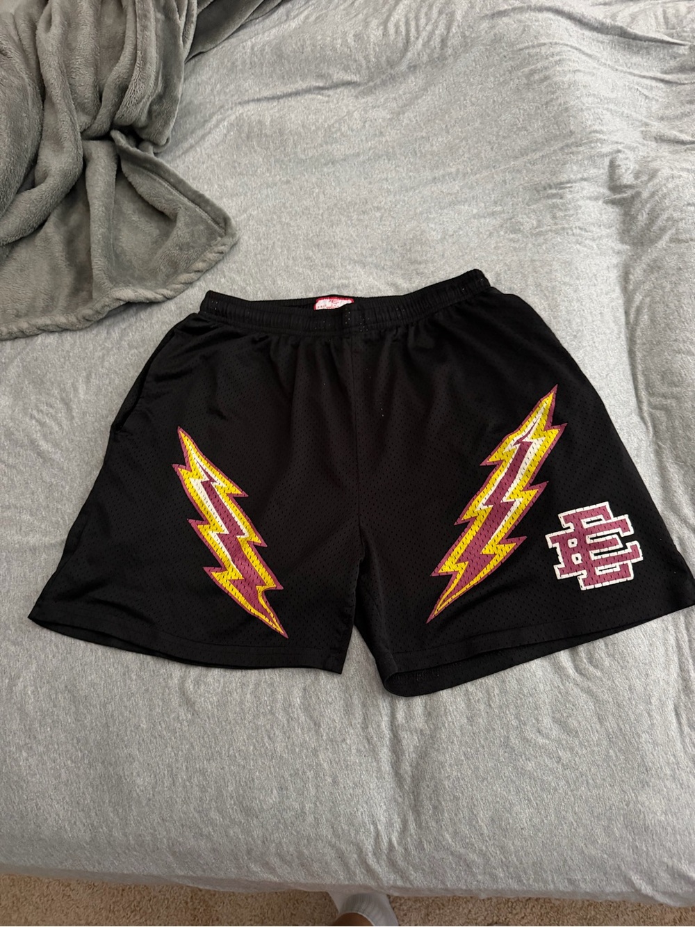Eric Emanuel Black Athletic Shorts with Yellow & Burgundy Lightning Logos